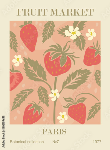 Abstract Fruit Market Paris strawberry retro poster. Trendy contemporary wall art design in danish pastel colors. Modern naive groovy funky interior decoration, painting. Vintage vector illustration.