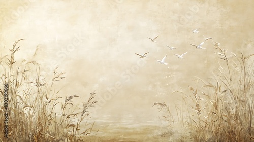 Tranquil Landscape with Flying Birds, A serene landscape featuring soft, muted colors with tall grasses in the foreground and a hazy sky