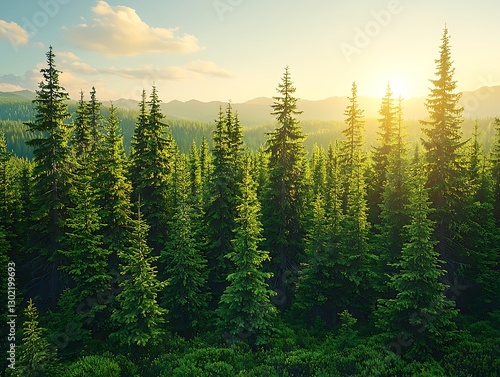 Sunset over mountaintop evergreen forest