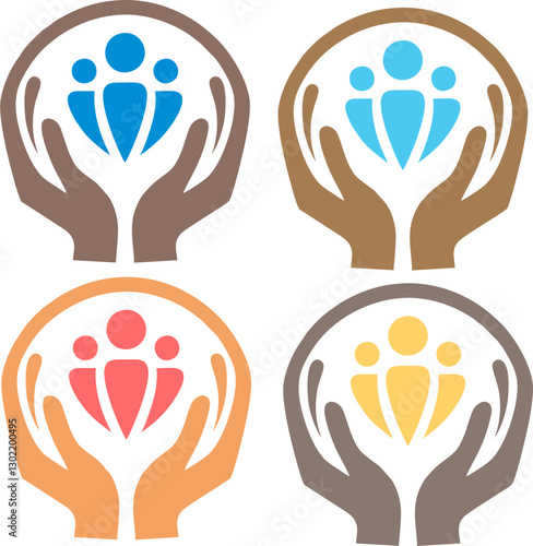 A vector illustration of protective hands embracing a family symbol, representing care, security, and unity. Ideal for community, family, and social support themes.