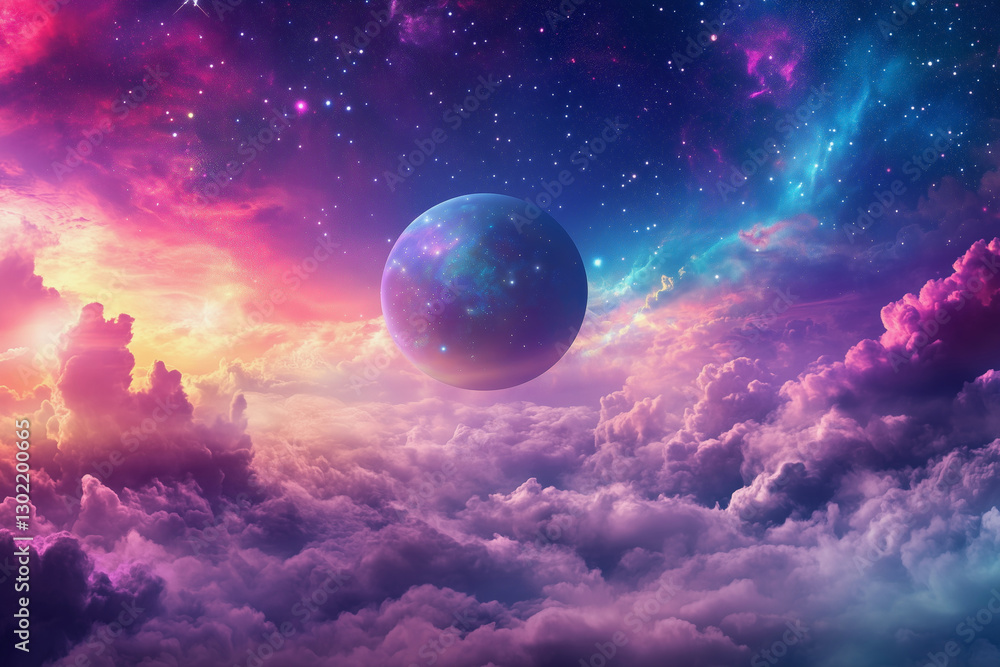 colorful space scene with a large planet in the middle. The sky is filled with clouds and stars, creating a sense of wonder and awe. The colors are vibrant and the atmosphere is dreamy colorful space scene with a large planet in the middle. The sky is filled with clouds and stars, creating a sense of wonder and awe. The colors are vibrant and the atmosphere is dreamy