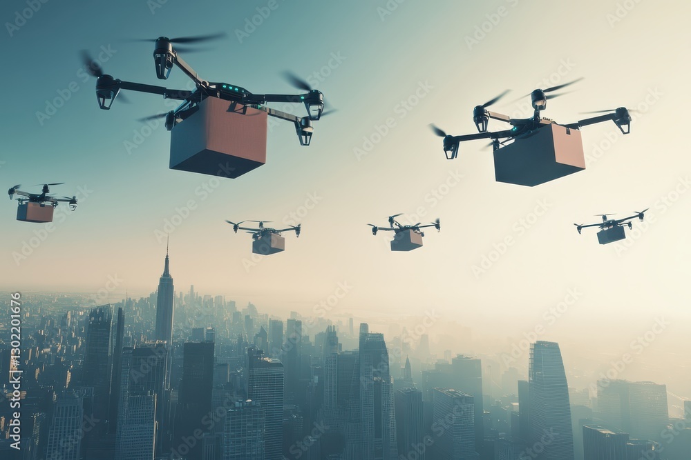Futuristic delivery drones carrying packages above modern cityscape silhouette Futuristic delivery drones carrying packages above modern cityscape silhouette