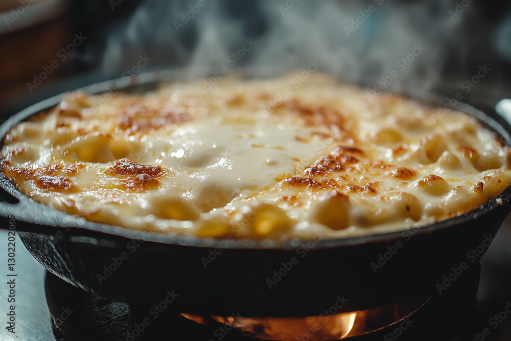 Baked macaroni and cheese in a cast-iron pan Baked macaroni and cheese in a cast-iron pan