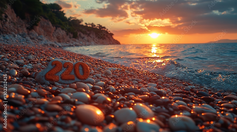 Obraz premium Sunset beach scene with number 220 on a rock, dramatic sky