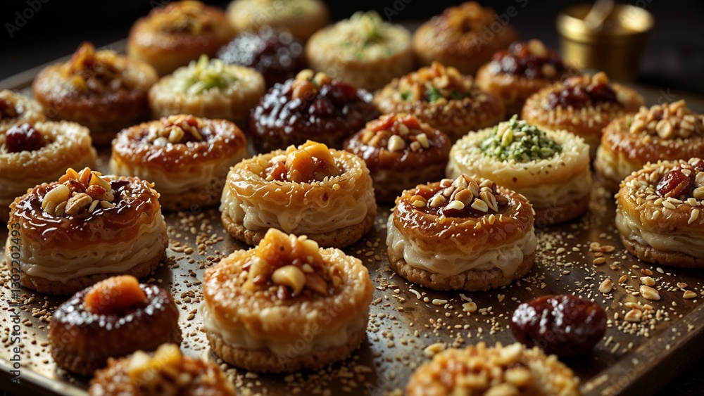 A tray of assorted baklava bites, each topped with a different selection of nuts and jams. A tray of assorted baklava bites, each topped with a different selection of nuts and jams.