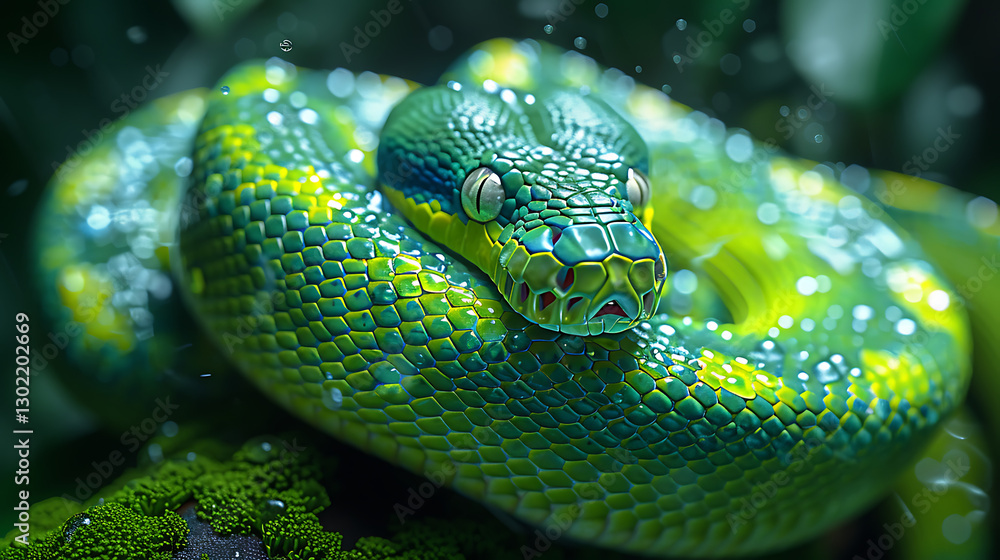 Vibrant green and yellow snake resting on mossy rock in lush jungle, surrounded by blurred foliage Vibrant green and yellow snake resting on mossy rock in lush jungle, surrounded by blurred foliage