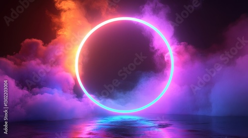 Wallpaper Mural Neon circle illuminates a misty colorful dreamscape above reflective surface Torontodigital.ca