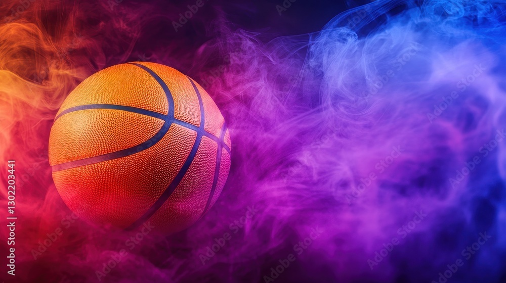 Fototapeta premium Basketball surrounded by colorful smoke creates a dynamic composition