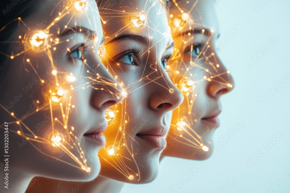 Obraz premium Three female faces with glowing lines connecting, symbolizing neural networks and AI.