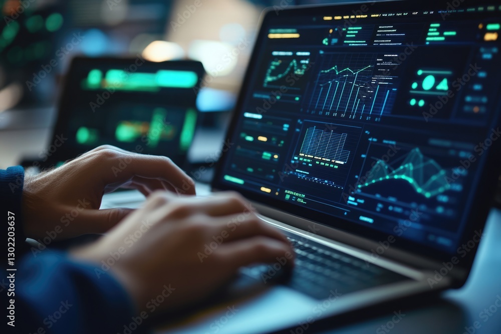 Person using a laptop displaying various data graphs and charts, likely analyzing financial or technical data. Person using a laptop displaying various data graphs and charts, likely analyzing financial or technical data.