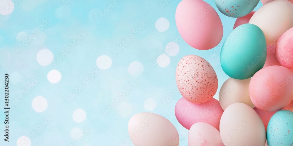 Pastel Easter Eggs Falling on Blue Bokeh Background Pastel Easter Eggs Falling on Blue Bokeh Background