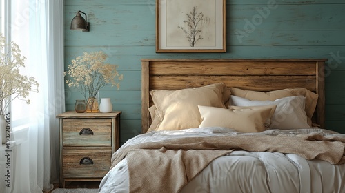 Mesita de noche rústica cerca de la cama con almohadas beige. Diseño interior de granja de dormitorio moderno. photo