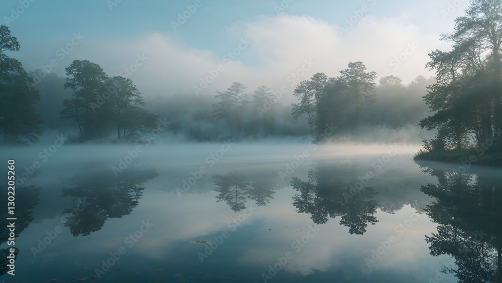 Fototapeta premium Misty Lake at Dawn with Tranquil Waters, Silhouetted Trees, and a Foggy Atmosphere Creating a Dreamlike and Serene Nature Scene