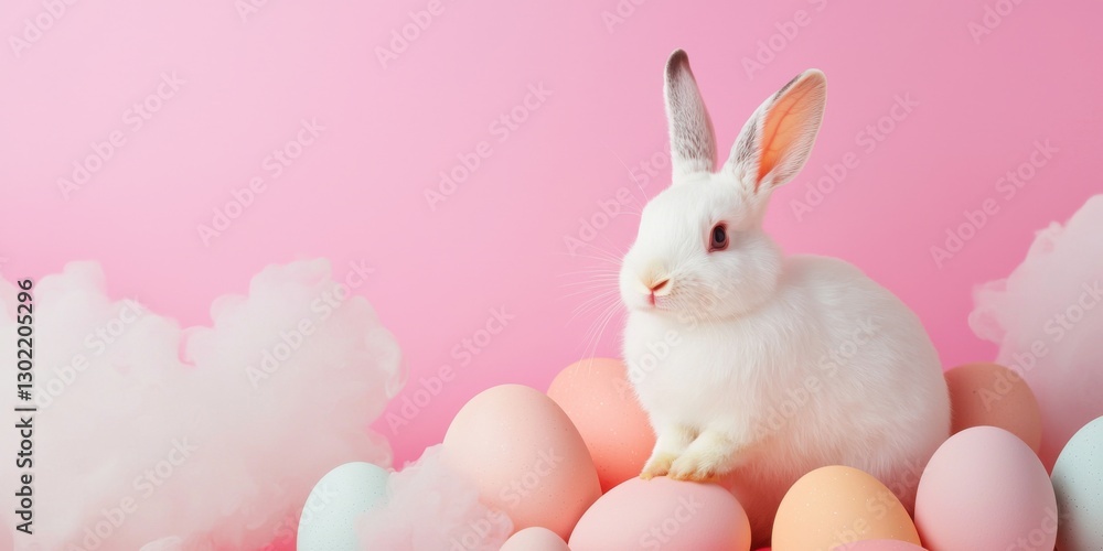 Fototapeta premium White Rabbit Amidst Pastel Easter Eggs and Pink Clouds