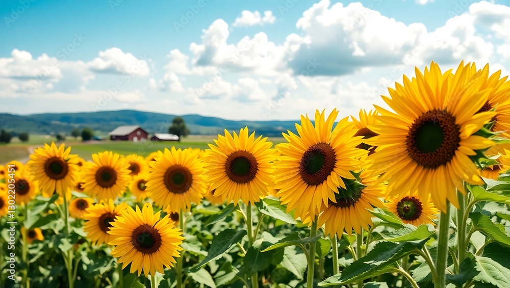Sunflower Field on a Sunny Summer Day with Farm and Rural Landscape Background Sunflower Field on a Sunny Summer Day with Farm and Rural Landscape Background