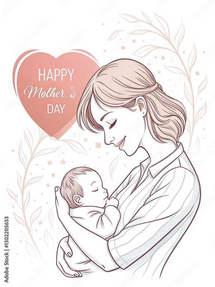A soft and artistic Mother’s Day card featuring a sketch-style illustration of a mother gently holding her baby, surrounded by soft floral elements. A touching and heartfelt tribute to a mother’s love A soft and artistic Mother’s Day card featuring a sketch-style illustration of a mother gently holding her baby, surrounded by soft floral elements. A touching and heartfelt tribute to a mother’s love