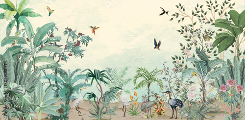 Botanical Mural Landscape, Mughal Mural, Tropical Background with Dom and Birds.