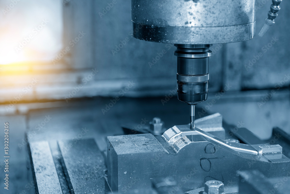 The CNC milling machine cutting mold part by solid ball nose end mill tool in the light blue scene with lighting effect. The CNC milling machine cutting mold part by solid ball nose end mill tool in the light blue scene with lighting effect.