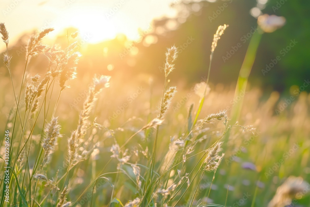 Golden light illuminates field of tall wild grass blades Golden light illuminates field of tall wild grass blades