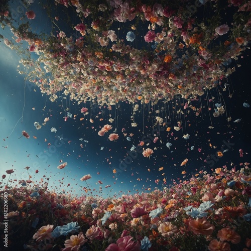 A surreal dreamscape of floating flowers suspended in zero gravity.