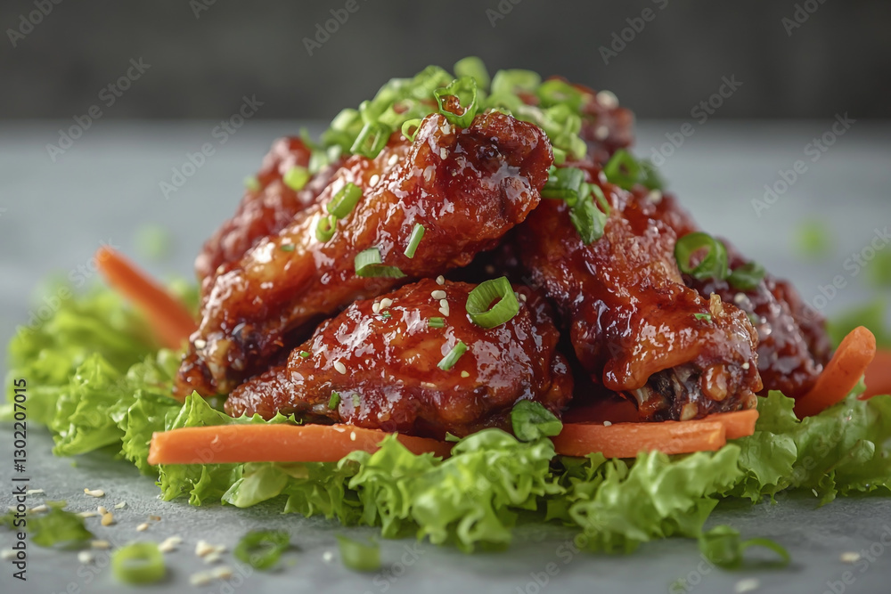 chicken wings in hot sauce, garnished with sliced green onions chicken wings in hot sauce, garnished with sliced green onions