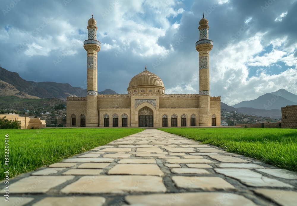 Fototapeta premium Majestic mosque with twin minarets, set against a dramatic mountain backdrop.