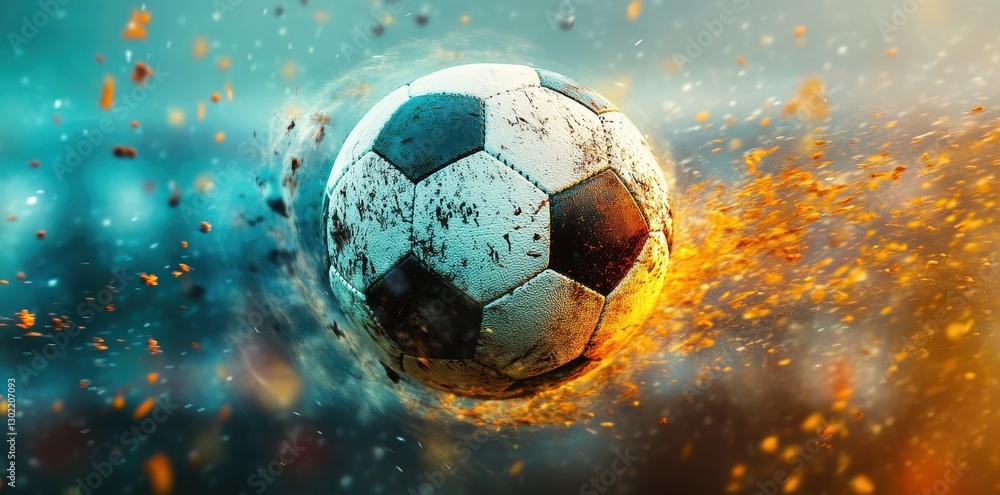 Fototapeta premium A soccer ball in flight with glowing fiery explosion effects