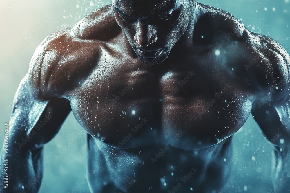 Fototapeta premium Muscular Athlete Shows Strength and Determination in a Dramatic Scene