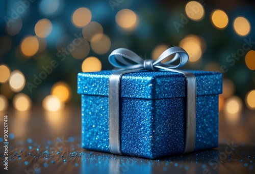 Blue Glitter Gift Box Silver Ribbon Festive Sparkly Present Bokeh Lights. Ideal for holiday greetings, birthday wishes or special occasions.
