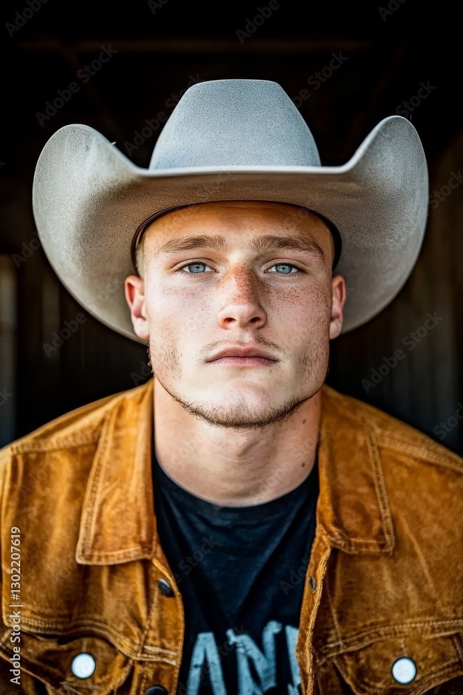 Portrait of a young man with freckles wearing a brown jacket and a light gray cowboy hat against a dark background. Portrait of a young man with freckles wearing a brown jacket and a light gray cowboy hat against a dark background.