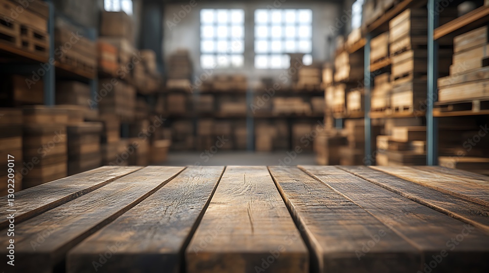 Beautiful blurred background of warehouse shelves with wooden planks and boxes for product display, montage. Beautiful blurred background of warehouse shelves with wooden planks and boxes for product display, montage.