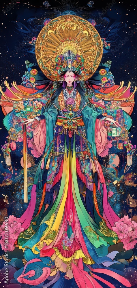 Obraz premium Ritualistic kagura dancer in elaborate costume, performing with divine elegance, symbolic and mystical traditional illustration