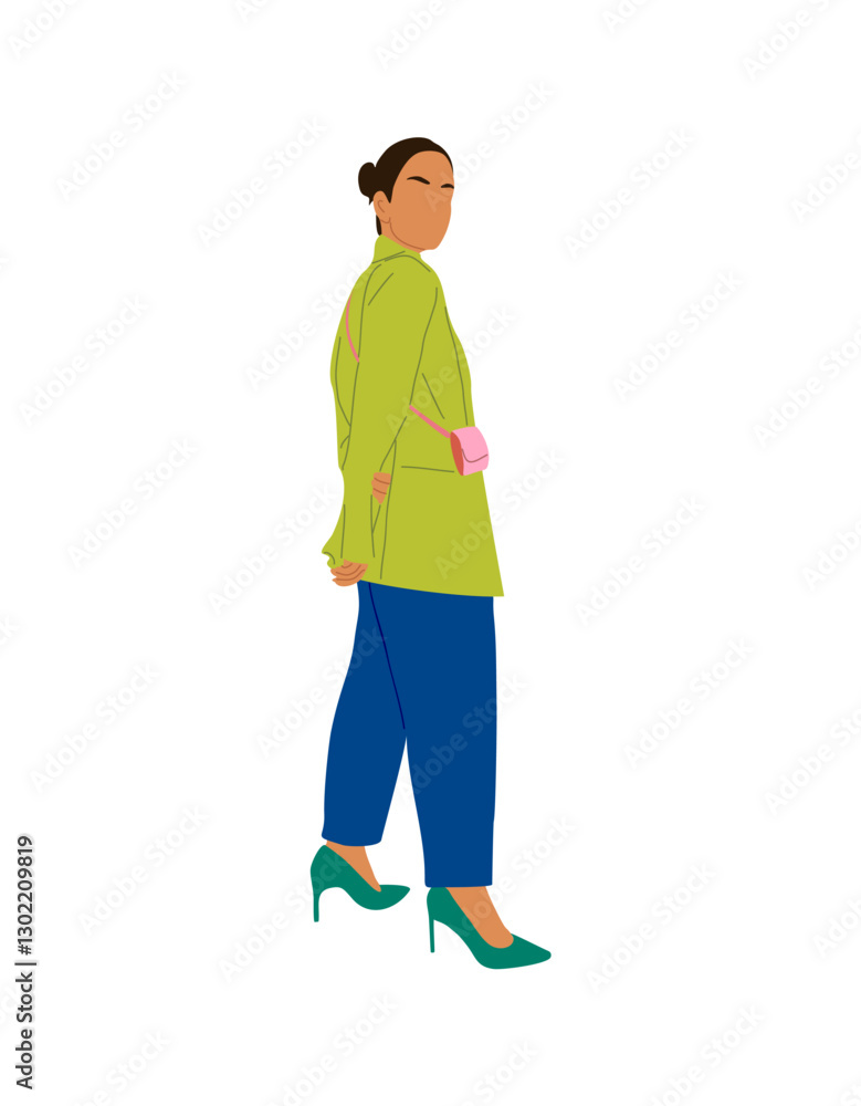 Modern business women standing back view. Vector realistic illustration of pretty cartoon girl in fashionable casual office outfit. Isolated Modern business women standing back view. Vector realistic illustration of pretty cartoon girl in fashionable casual office outfit. Isolated