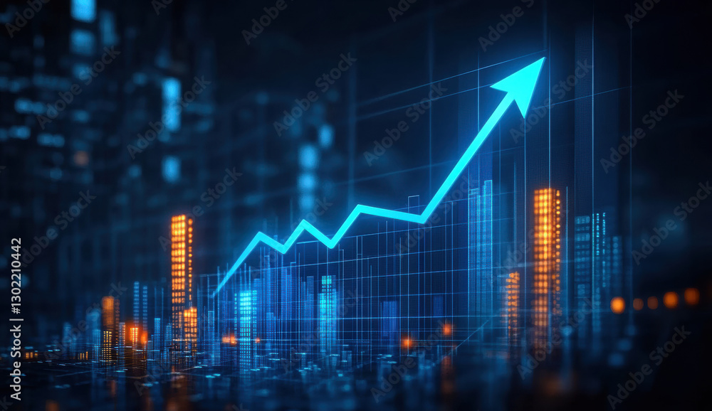 glowing blue graph line with upward arrow symbolizes growth and success in digital financial landscape. vibrant colors and modern design evoke sense of optimism and progress glowing blue graph line with upward arrow symbolizes growth and success in digital financial landscape. vibrant colors and modern design evoke sense of optimism and progress