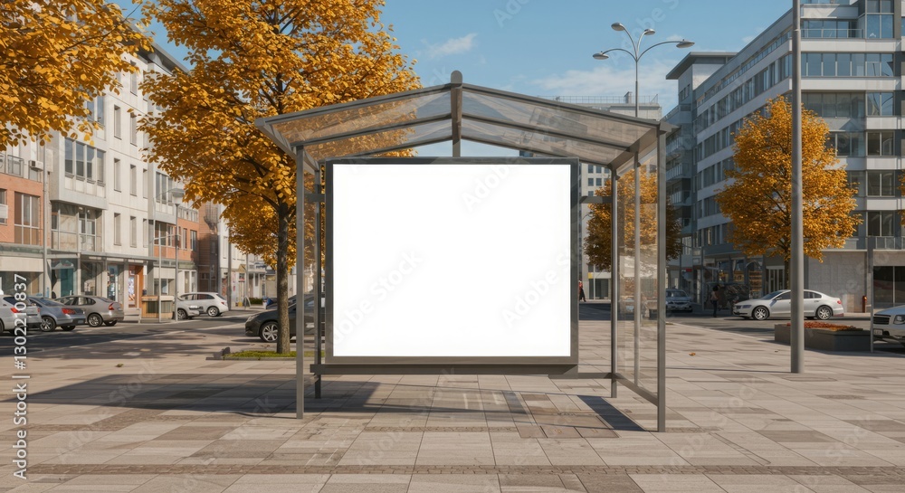 Naklejka premium Blank billboard at a bus stop on a sunny autumn day.