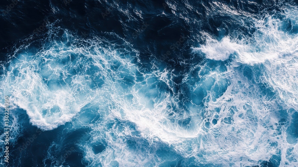 Ocean surface shows turbulent water with swirling patterns of foam Ocean surface shows turbulent water with swirling patterns of foam