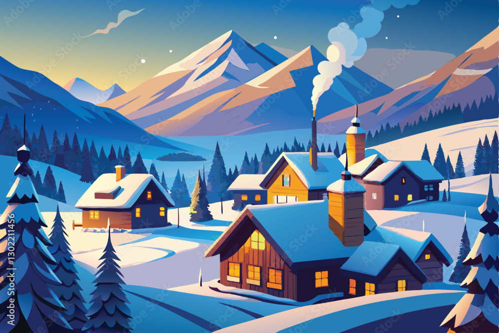 Naklejka premium Snow Winter Village with Glowing Lights in Snowy Valley landscape vector illustration. In the background, rolling hills and distant mountains are visible under a pale blue winter sky.