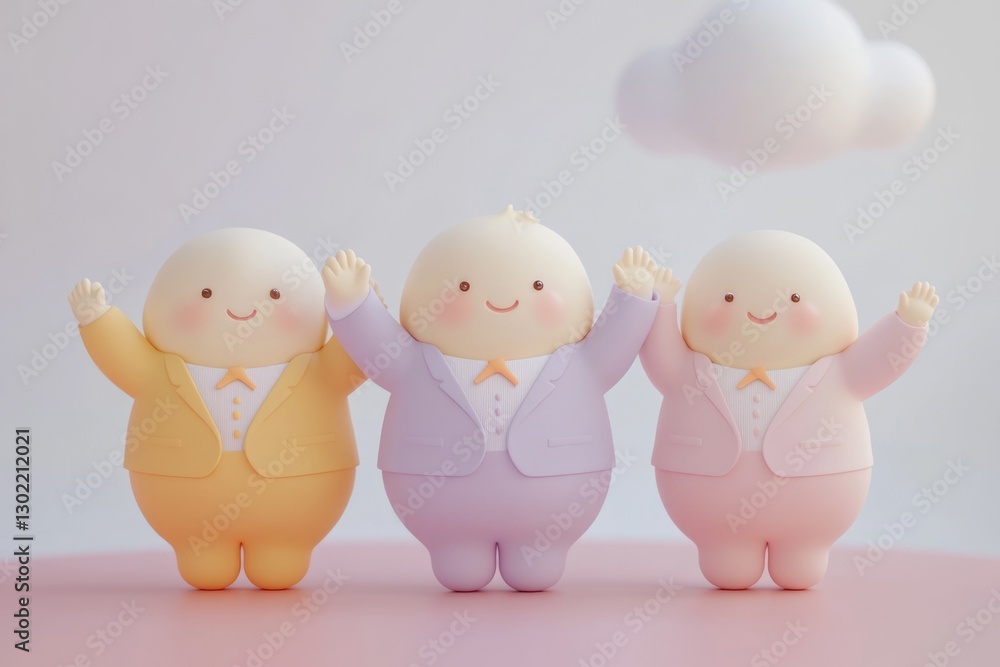 Three adorable blob characters in pastel suits joyfully raise their hands against a soft pink background. Three adorable blob characters in pastel suits joyfully raise their hands against a soft pink background.