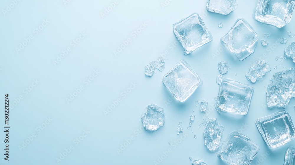 Ice cubes and crushed ice on light blue background