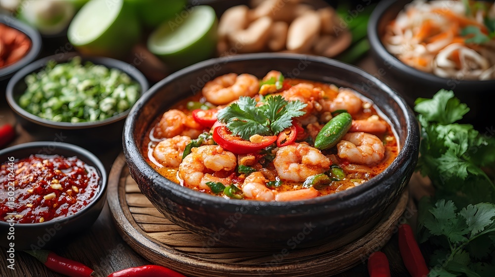 Classic Thai food with a tropical setting, featuring fresh lime, chili, and fragrant herbs on a bamboo table Classic Thai food with a tropical setting, featuring fresh lime, chili, and fragrant herbs on a bamboo table