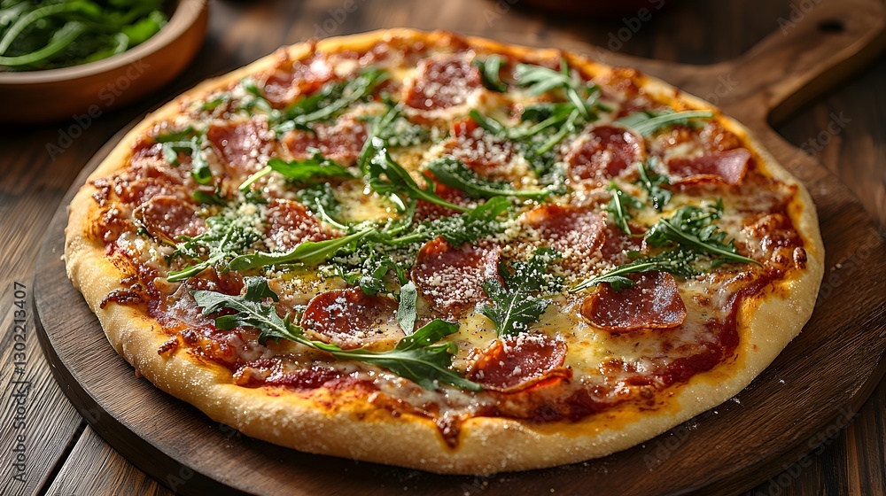Artisan pizza with thin crust, prosciutto, arugula, and Parmesan on a cutting board Artisan pizza with thin crust, prosciutto, arugula, and Parmesan on a cutting board