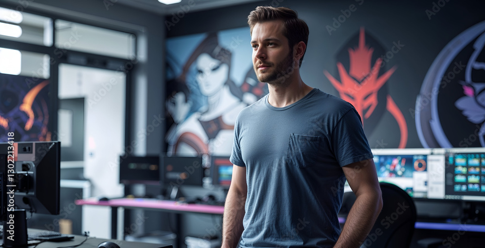 Obraz premium Visionary CEO in a Casual Office Setting with a Silicon Valley Aesthetic, Showcasing a Forward-Thinking Approach in a Creative Workspace