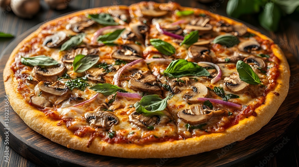 Gourmet pizza with mushrooms, onions, and basil on a thin crust with olive oil drizzle Gourmet pizza with mushrooms, onions, and basil on a thin crust with olive oil drizzle