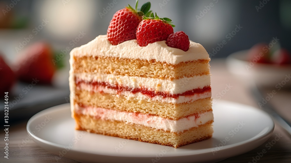 Slice of vanilla cake with creamy layers and a strawberry on top, served on a white plate Slice of vanilla cake with creamy layers and a strawberry on top, served on a white plate