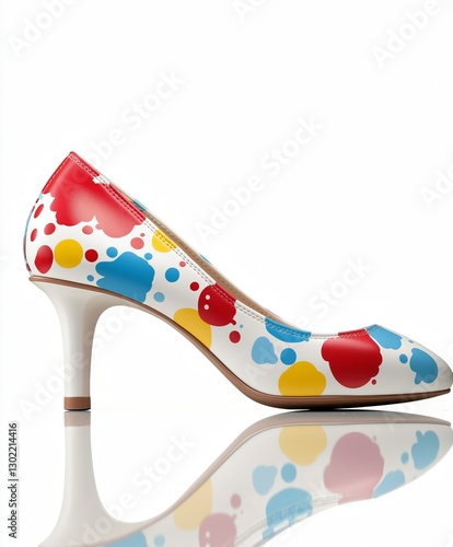 A brand-new peep-toe heel with abstract paint-splatter patterns in vibrant colors, isolated on a white background photo