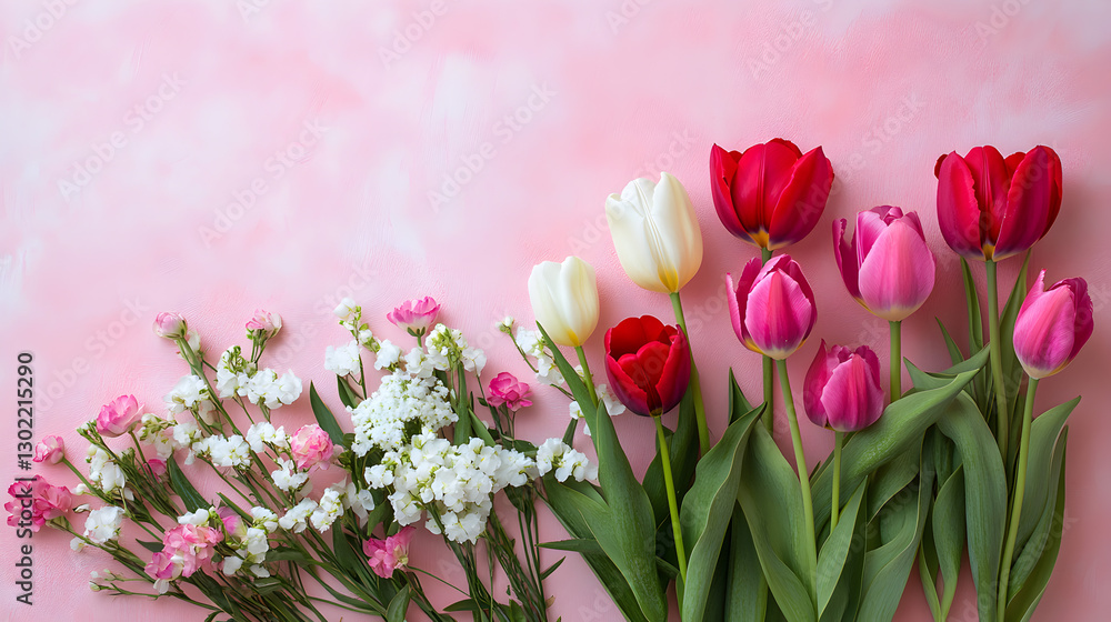Obraz premium Delicate floral arrangement featuring tulips and other blooms on a soft pastel backdrop
