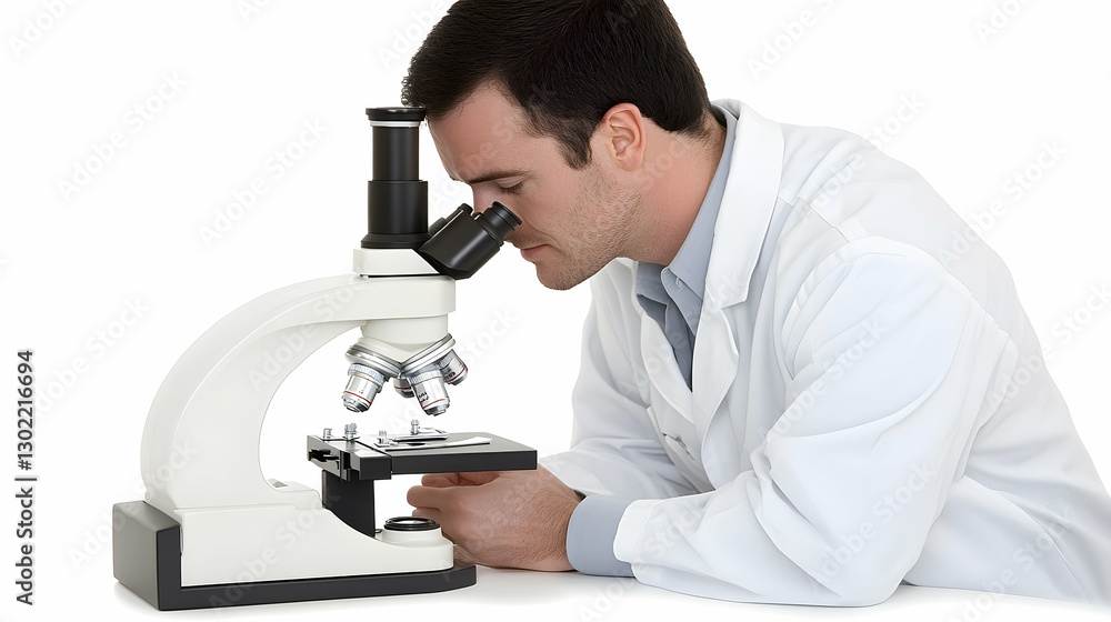 Focused Scientist Analyzing Sample Through a Modern Microscope in Laboratory Focused Scientist Analyzing Sample Through a Modern Microscope in Laboratory