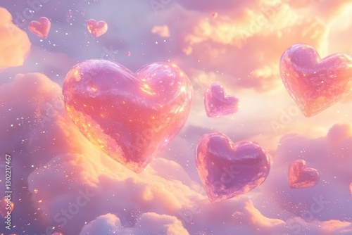 ethereal pink and lavender heart-shaped clouds floating in dreamy sunset sky, golden light filtering through wispy formations creating magical atmosphere with subtle glitter effect
