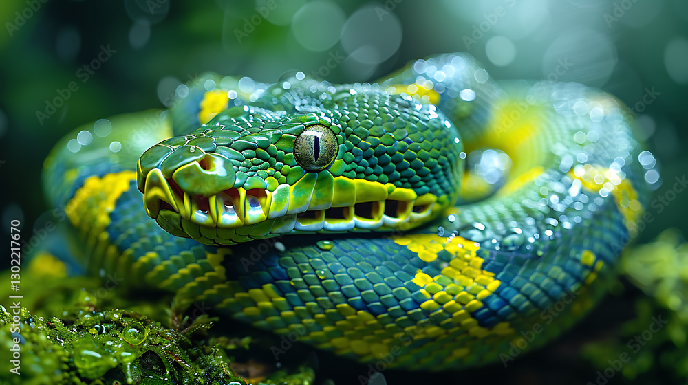 Fototapeta premium Vibrant green and yellow snake resting on a mossy branch in a lush, rain-soaked forest environment