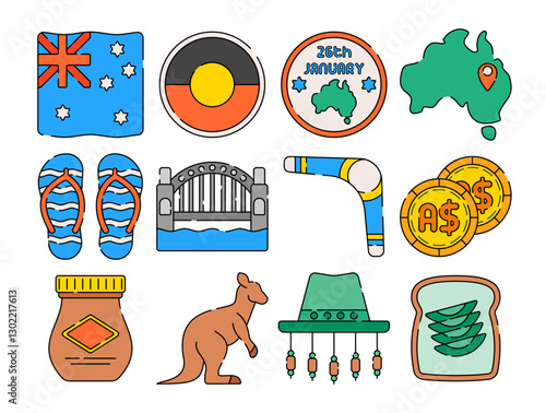 Flat design illustration set featuring Australian elements like the flag, boomerang, kangaroo, Sydney Harbour Bridge, and local foods. Perfect for cultural projects, travel, and tourism designs.